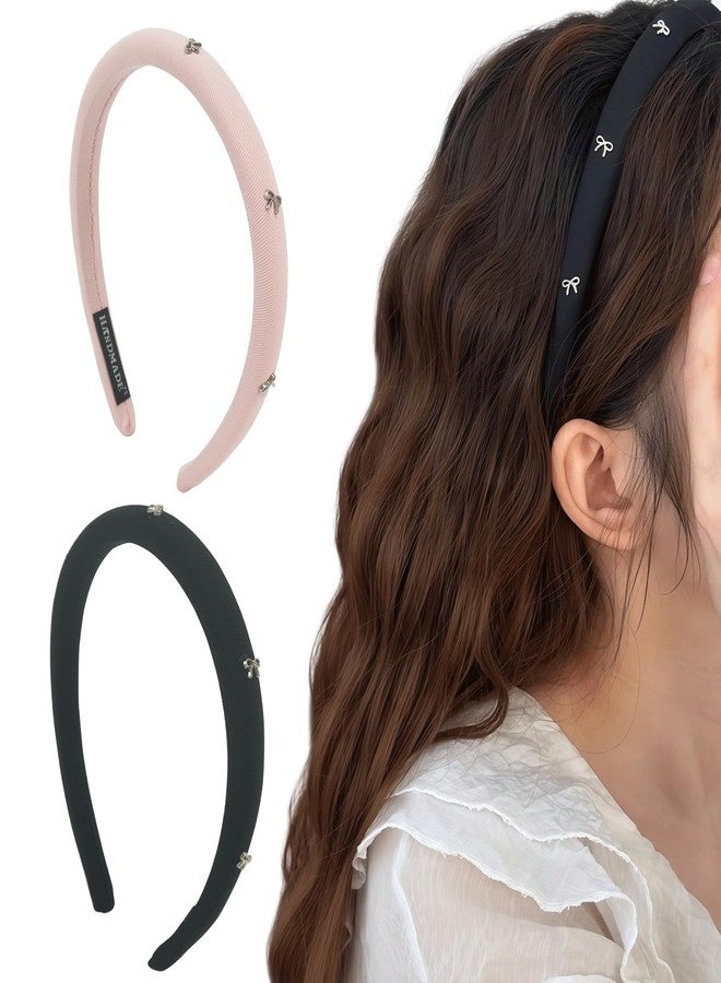 TEBIEKOY 2 Pcs Thin Padded Bow Headbands for Women, Black Head Bands Non Slip Womens Fashion Cute Hairbands Pink Fabric Headbands for Women's Hair Accessories - Image 1